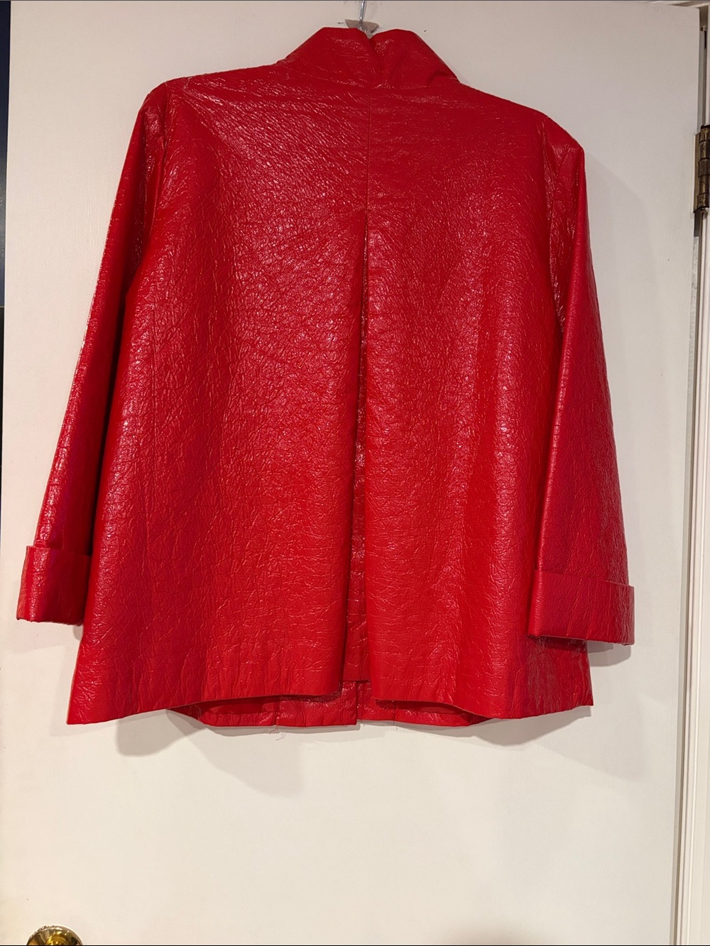 Ruby Rd Shiny Red Crinkle Button Front Funnel Neck Jacket - Picture 3 of 3